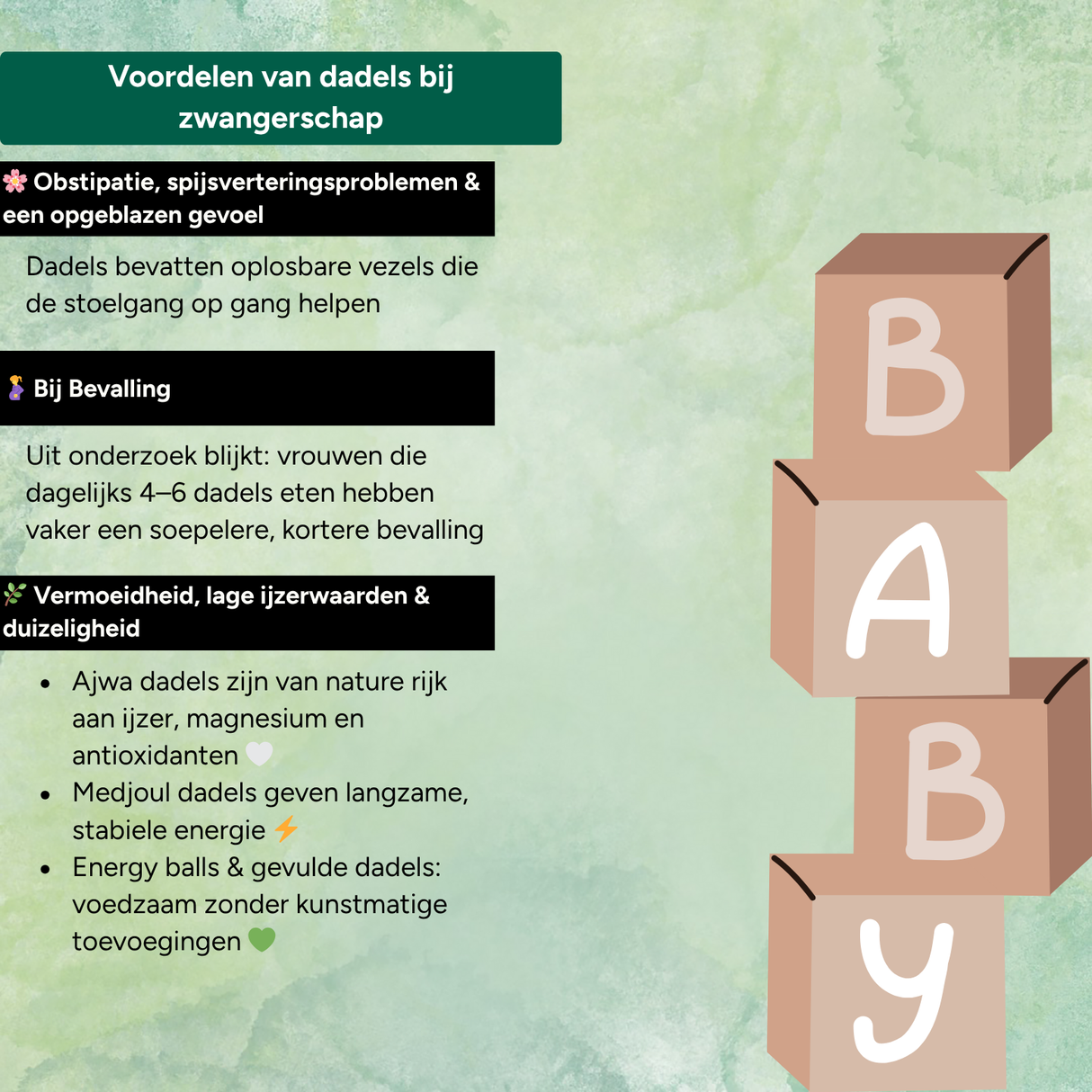 Informatieve illustratie over het Dadels Zwangerschap pakket - Optimale Energie voor de zwangerschap met voordelen van dadels voor spijsvertering, bevalling en energie. Bevat opsomming van gezondheidsvoordelen voor aanstaande moeders.