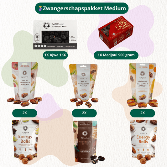 Dadels Zwangerschap pakket - Optimale Energie voor de zwangerschap met Ajwa en Medjoul dadels, noten en energy balls voor aanstaande moeders.