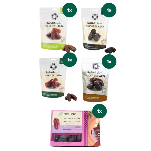 dadel probeer pakket met mabroum, khudri, ajwa, safawi en medjoul dadels