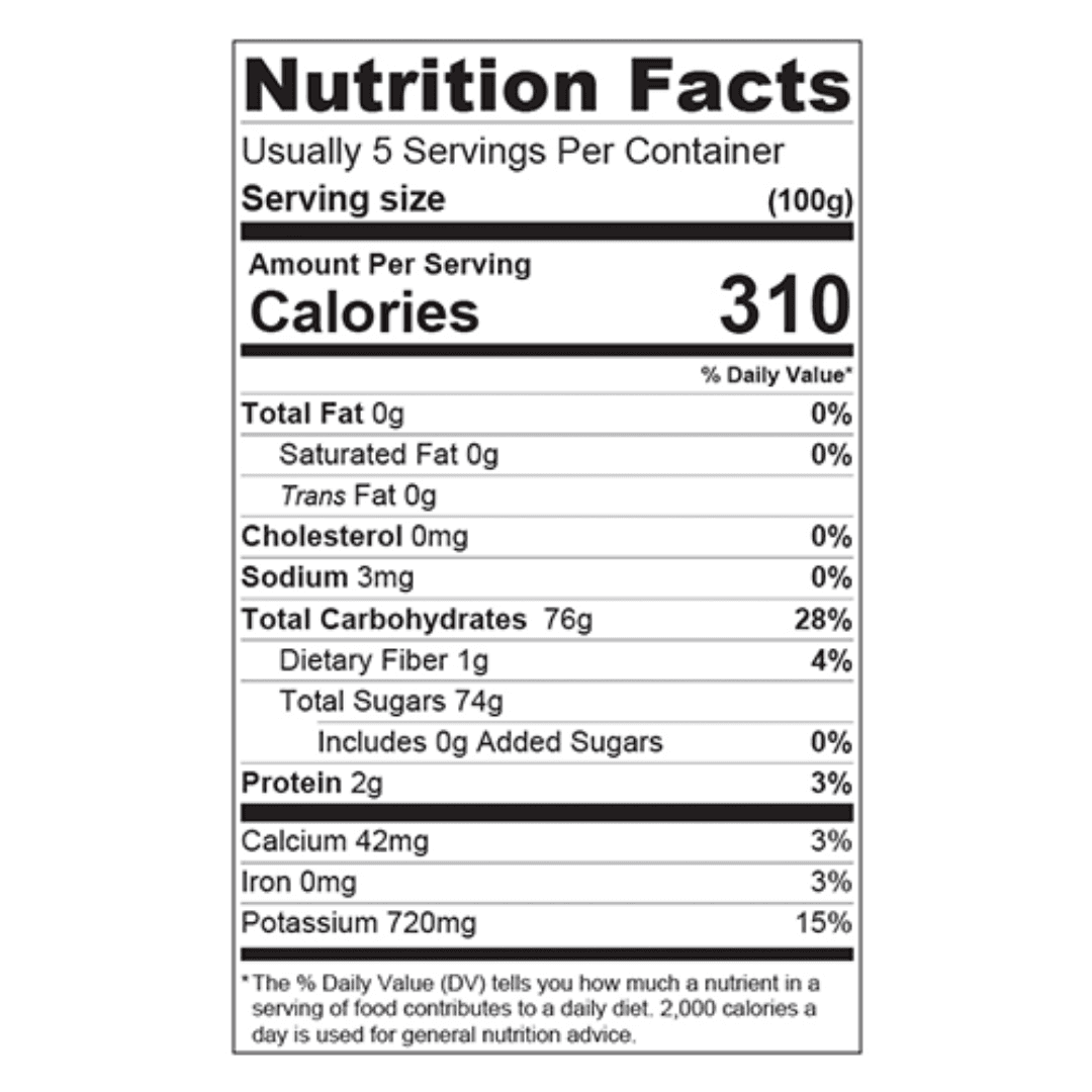 Voedingswaarde-etiket van Ajwa Dadel Siroop - Dadelstroop | 100% puur Ajwa dadels, toont 310 calorieën per 100g zonder toegevoegde suikers.