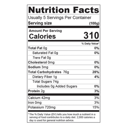 Voedingswaarde-etiket van Ajwa Dadel Siroop - Dadelstroop | 100% puur Ajwa dadels, toont 310 calorieën per 100g zonder toegevoegde suikers.