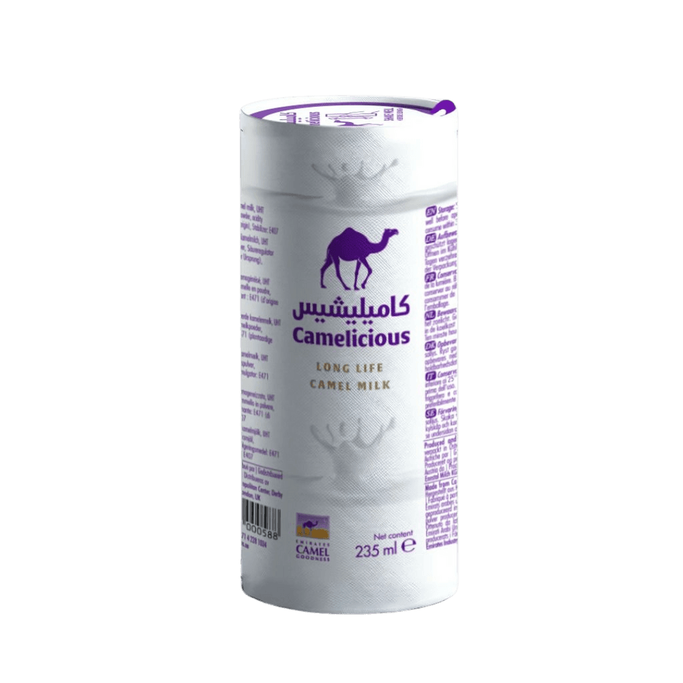 Camelicious kamelenmelk uit de verenigde arabische emiraten in een wit flesje