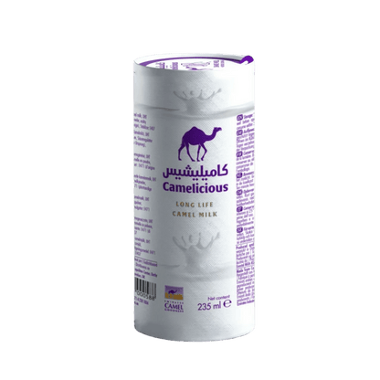 Camelicious kamelenmelk uit de verenigde arabische emiraten in een wit flesje