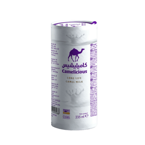 Camelicious kamelenmelk uit de verenigde arabische emiraten in een wit flesje