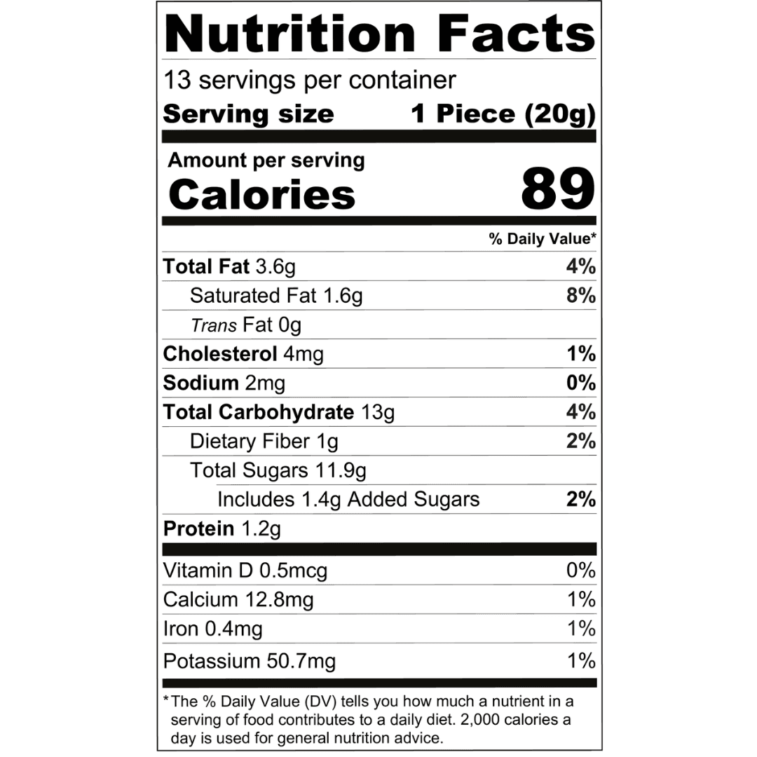 Voedingswaarde-informatie voor Dadel Koekjes Ajwa - Maamoul Ajwa 250g, toont 89 calorieën per stuk met 11,9g suiker en 1,2g eiwit.