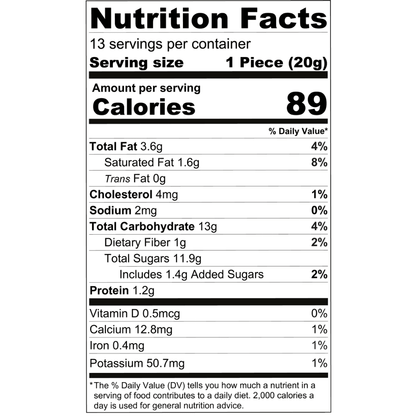 Voedingswaarde-informatie voor Dadel Koekjes Ajwa - Maamoul Ajwa 250g, toont 89 calorieën per stuk met 11,9g suiker en 1,2g eiwit.