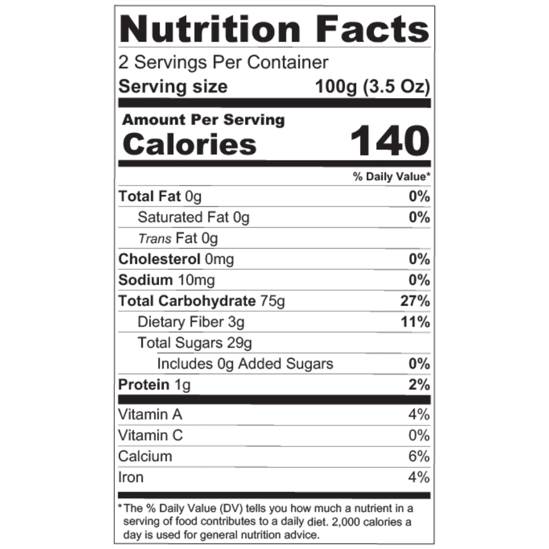 Voedingswaarde-etiket van Dadel Pasta - Nakheel Alya - 1KG met 140 calorieën per 100g, 0g vet en 75g koolhydraten. Ideaal voor koken & bakken.