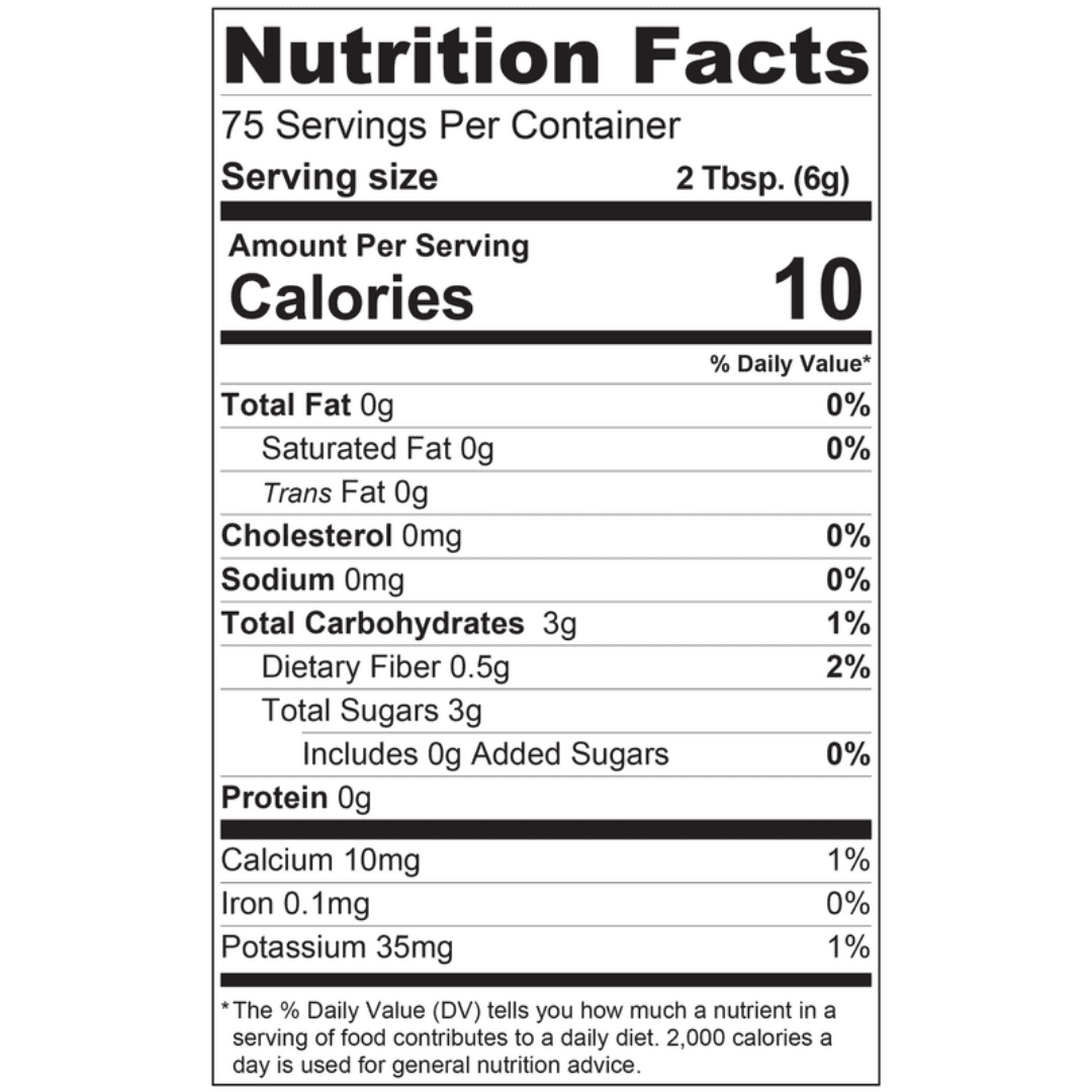Voedingswaarde-etiket van Dadel Poeder - Dadel Suiker - Nakheel Alya 500 Gram met 10 calorieën per portie en 3g natuurlijke suikers. Natuurlijk zoet & vezelrijk alternatief voor bakken en koken.