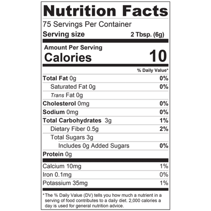 Voedingswaarde-etiket van Dadel Poeder - Dadel Suiker - Nakheel Alya 500 Gram met 10 calorieën per portie en 3g natuurlijke suikers. Natuurlijk zoet & vezelrijk alternatief voor bakken en koken.