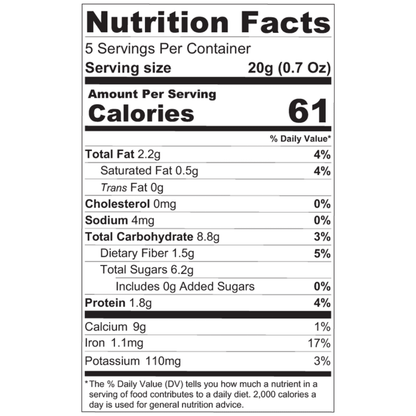 Voedingswaarde-etiket van Energy Balls Hazelnoot Goji Berry - Nakheel Alya 100g met 61 calorieën per portie van 20g, rijk aan vezels en eiwitten.