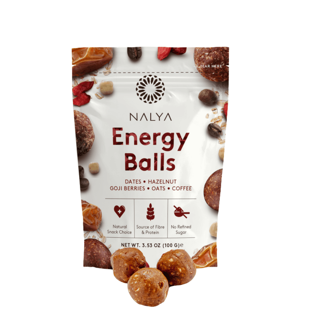 Energy Balls dadels kopen? Vegan dadelsnack met hazelnoten, goji bessen, haver en koffie van Nakheel Alya, 100 gram verpakking. Bliss balls.