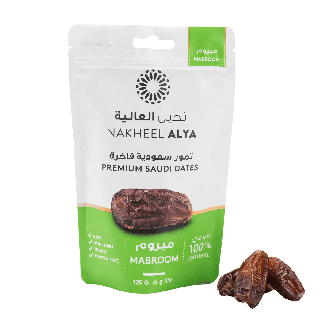 Mabroom dadels - Mebrum Hurma uit Medina in luxe 125g verpakking van Nakheel Alya, 100% natuurlijk en zonder toevoegingen, perfect als premium snack.